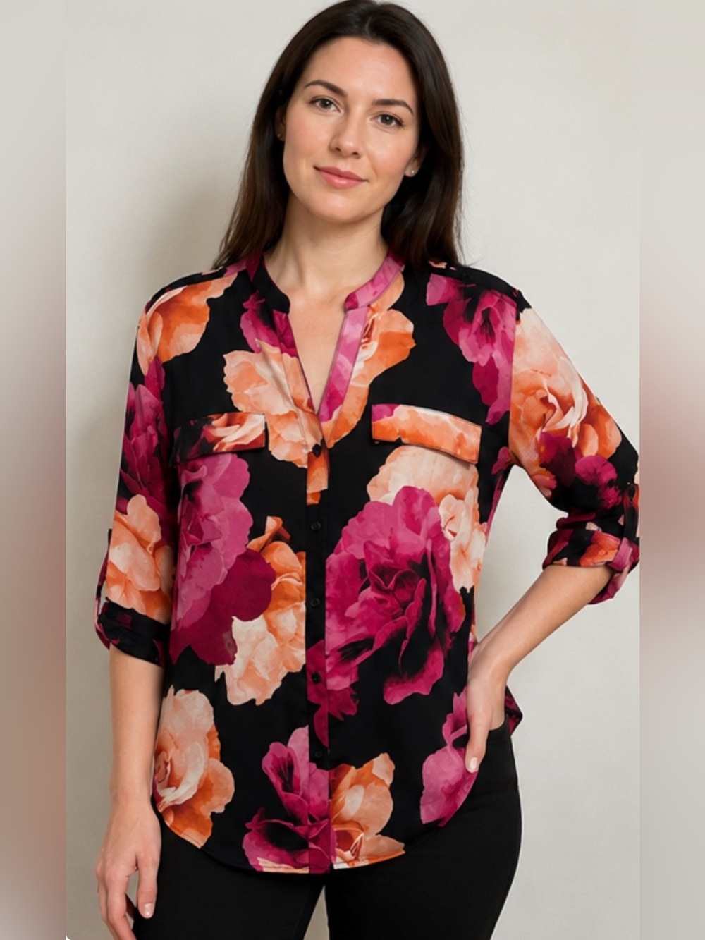Calvin Klein Black Floral Button-Front Blouse with Pink & Orange Blooms